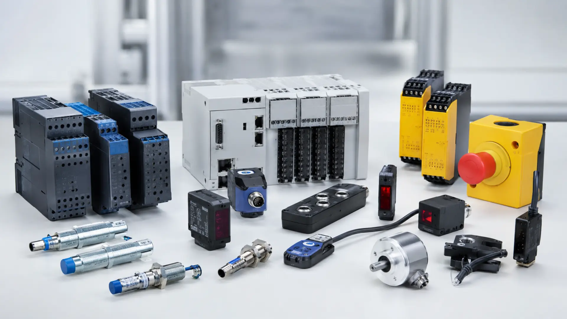 Industrial automation products arranged on a technical surface